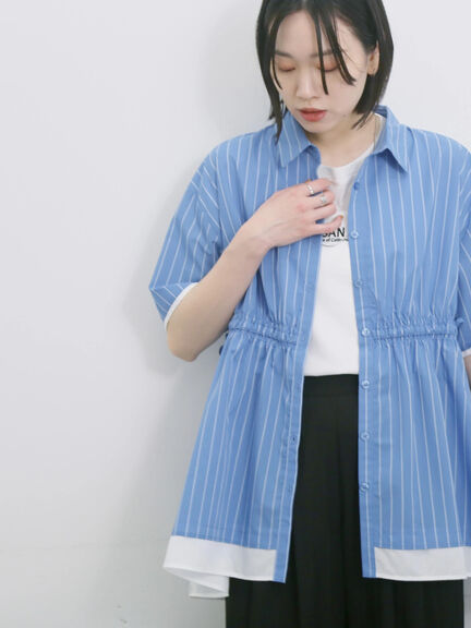 ストライプウエストシャーリングブラウス（ピンク/ブルー/キナリ）｜Samansa Mos2 blue（サマンサモスモス ブルー）通販