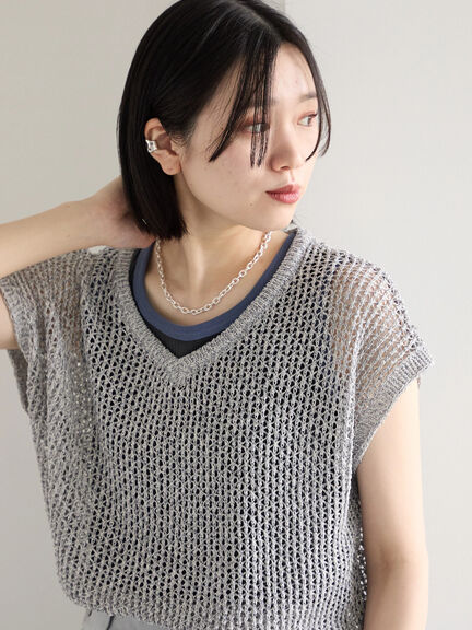 メランジラメメッシュニットベスト（グレー/ベージュ/キナリ）｜Samansa Mos2 blue（サマンサモスモス ブルー）通販