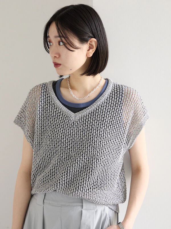 セール】 メランジラメメッシュニットベスト（グレー/ベージュ/キナリ