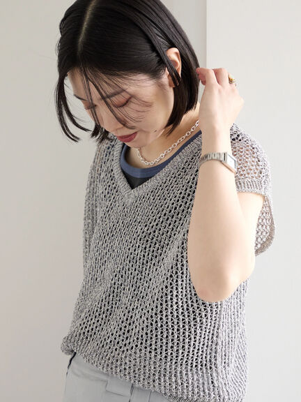 メランジラメメッシュニットベスト（グレー/ベージュ/キナリ）｜Samansa Mos2 blue（サマンサモスモス ブルー）通販