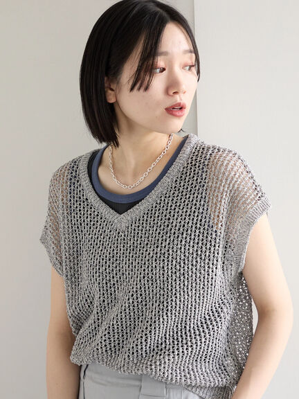 メランジラメメッシュニットベスト（グレー/ベージュ/キナリ）｜Samansa Mos2 blue（サマンサモスモス ブルー）通販