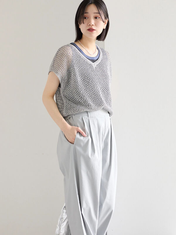 セール】 メランジラメメッシュニットベスト（グレー/ベージュ/キナリ