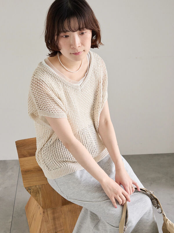 セール】 メランジラメメッシュニットベスト（グレー/ベージュ/キナリ