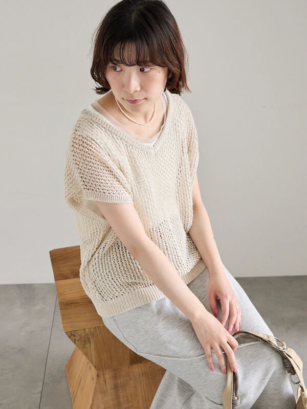 セール】 メランジラメメッシュニットベスト（グレー/ベージュ/キナリ