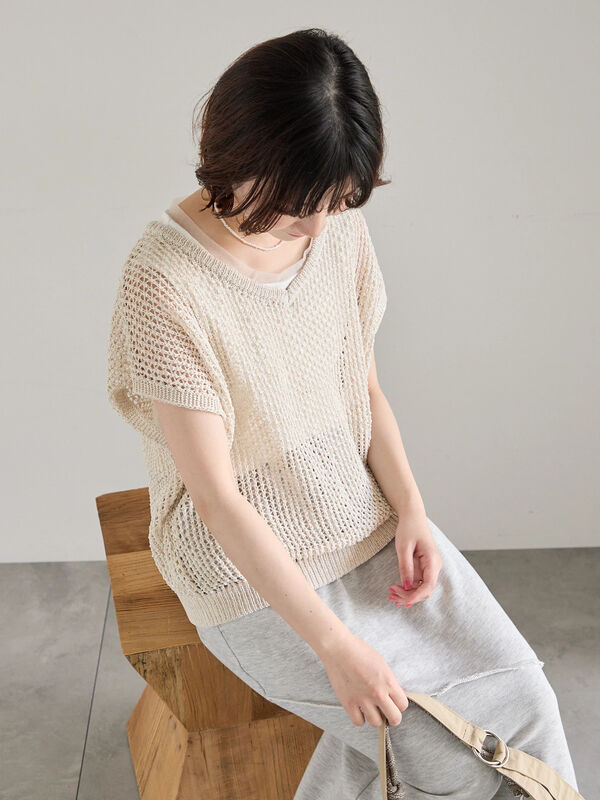セール】 メランジラメメッシュニットベスト（グレー/ベージュ/キナリ
