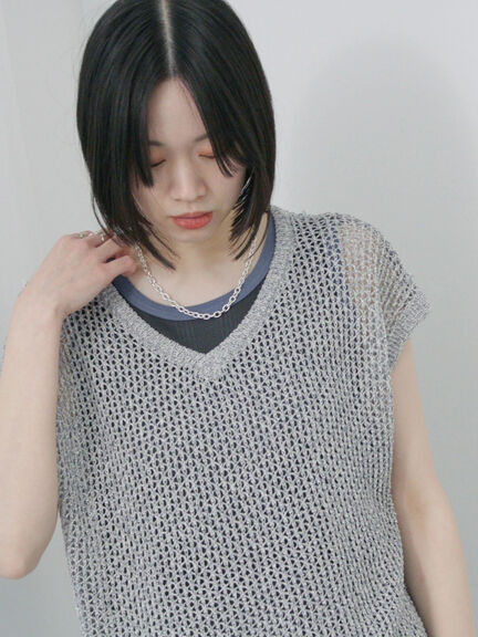 メランジラメメッシュニットベスト（グレー/ベージュ/キナリ）｜Samansa Mos2 blue（サマンサモスモス ブルー）通販