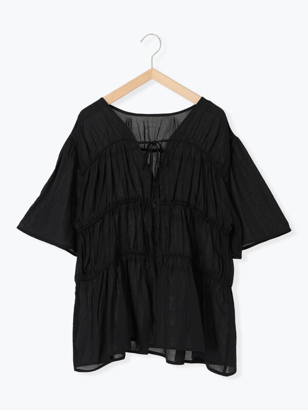 セール】 リボンギャザーティアードブラウス（ブラック/ピンク/キナリ  