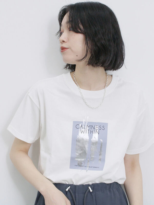 tシャツ スクエア箔プリント半袖Tシャツ レディース セール】 スクエア箔プリントTシャツ（オフホワイト/ホワイト