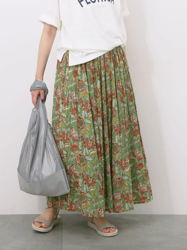 【Made in India】花柄ボイルギャザースカート（グリーン）｜Samansa Mos2 blue（サマンサモスモス ブルー）通販