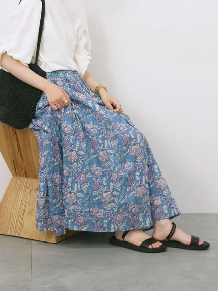 【Made in India】花柄ボイルギャザースカート（ベージュ/グリーン/ブルー）｜Samansa Mos2 blue（サマンサモスモス ブルー）通販