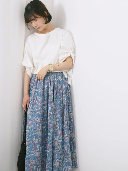 【Made in India】花柄ボイルギャザースカート（ベージュ/グリーン/ブルー）｜Samansa Mos2 blue（サマンサモスモス ブルー）通販