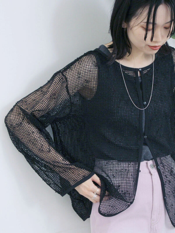 セール】 前後2wayメッシュレースカーディガン（ブラック/ブラウン
