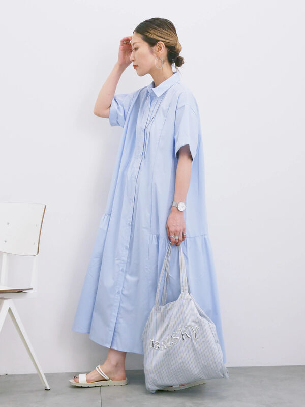 セール】 ◎サイドギャザーシャツワンピース（ブラック/ベージュ