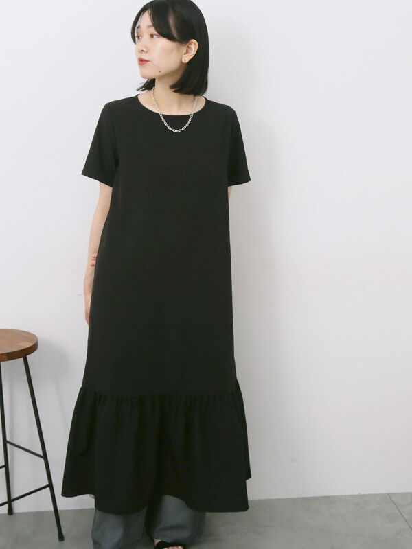 セール】 リネンタッチマキシティアードワンピース（チャコールグレー