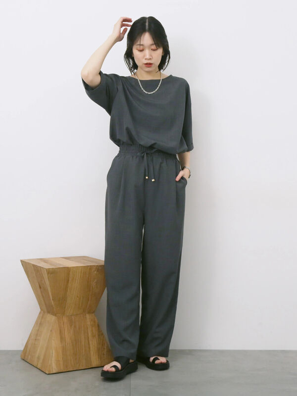 セール】 リネンタッチイージーパンツ（チャコールグレー/オレンジ