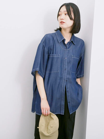 【接触冷感】クールデニムビッグシャツ（グレー/ブルー/ネイビー）｜Samansa Mos2 blue（サマンサモスモス ブルー）通販