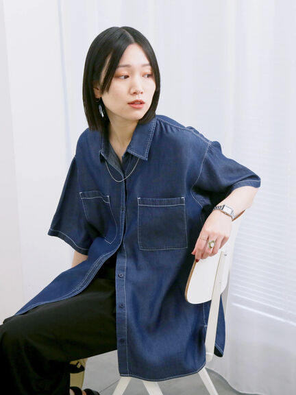 【接触冷感】クールデニムビッグシャツ（グレー/ブルー/ネイビー）｜Samansa Mos2 blue（サマンサモスモス ブルー）通販