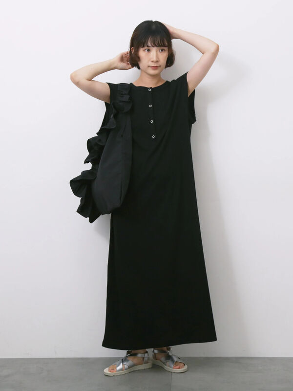 セール】 ◎ヘンリーネックテレコワンピース（ブラック/キナリ/TOP