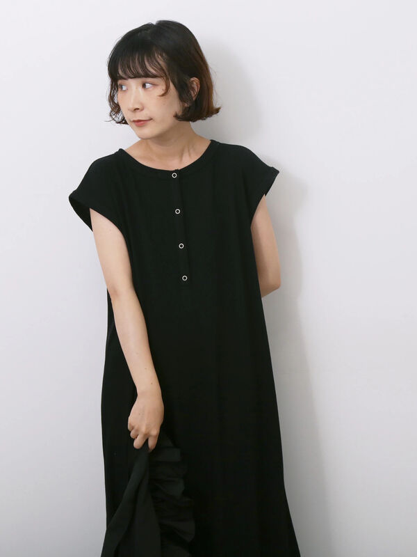 セール】 ◎ヘンリーネックテレコワンピース（ブラック/キナリ/TOP