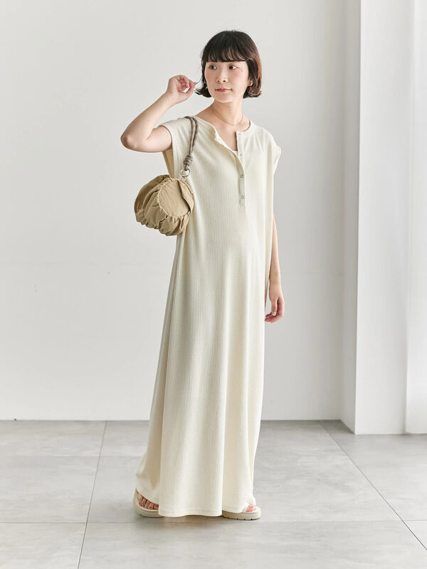 セール】 ◎ヘンリーネックテレコワンピース（ブラック/キナリ/TOP