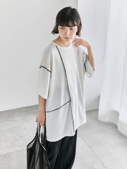 ◎【接触冷感】切替ステッチチュニック（オフホワイト/チャコールグレー/ブラック）｜Samansa Mos2 blue（サマンサモスモス ブルー）通販