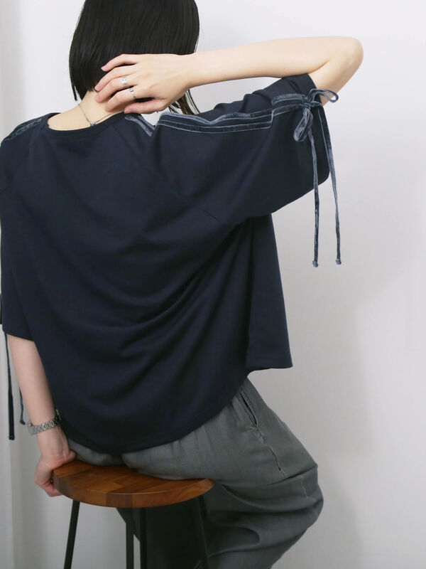 ◎【接触冷感】ベロアラインリボンTシャツ（ネイビー）｜Samansa Mos2 blue（サマンサモスモス ブルー）通販
