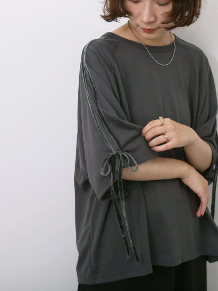 ◎【接触冷感】ベロアラインリボンTシャツ（チャコールグレー/ネイビー/ＴＯＰグレー）｜Samansa Mos2 blue（サマンサモスモス ブルー）通販