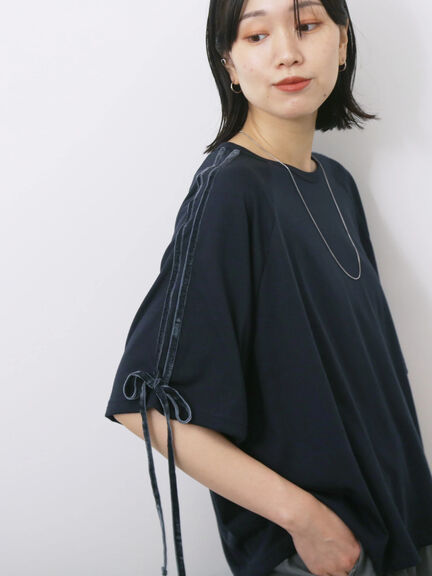 ◎【接触冷感】ベロアラインリボンTシャツ（チャコールグレー/ネイビー/ＴＯＰグレー）｜Samansa Mos2 blue（サマンサモスモス ブルー）通販