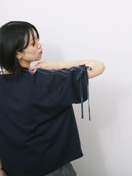◎【接触冷感】ベロアラインリボンTシャツ（チャコールグレー/ネイビー/ＴＯＰグレー）｜Samansa Mos2 blue（サマンサモスモス ブルー）通販