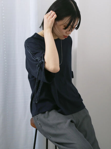 ◎【接触冷感】ベロアラインリボンTシャツ（チャコールグレー/ネイビー/ＴＯＰグレー）｜Samansa Mos2 blue（サマンサモスモス ブルー）通販