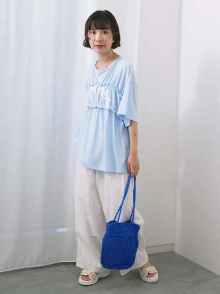◎【接触冷感】シャーリングドッキングTシャツ（オフホワイト/ブラック/サックスブルー）｜Samansa Mos2 blue（サマンサモスモス ブルー）通販