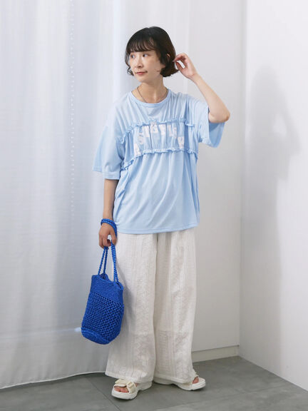 ◎【接触冷感】シャーリングドッキングTシャツ（オフホワイト/ブラック/サックスブルー）｜Samansa Mos2 blue（サマンサモスモス ブルー）通販