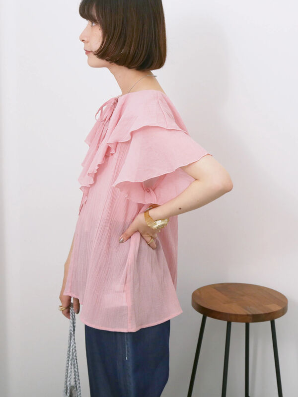 42★フォクシー ニューヨーク フリルスリーブ 半袖ブラウス ピンク 日本製 42☆FOXEY NEW YORK フォクシー ニューヨーク フリルスリーブ 半袖