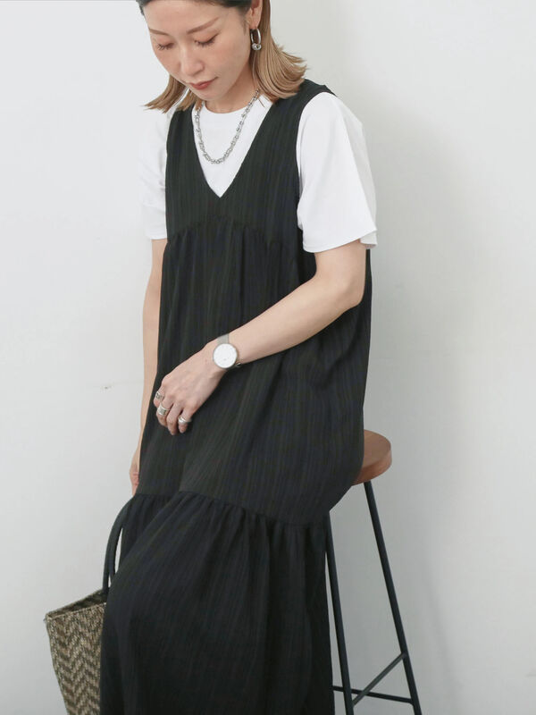 セール】 楊柳ノースリーブワンピース（ブラック/ダークオレンジ