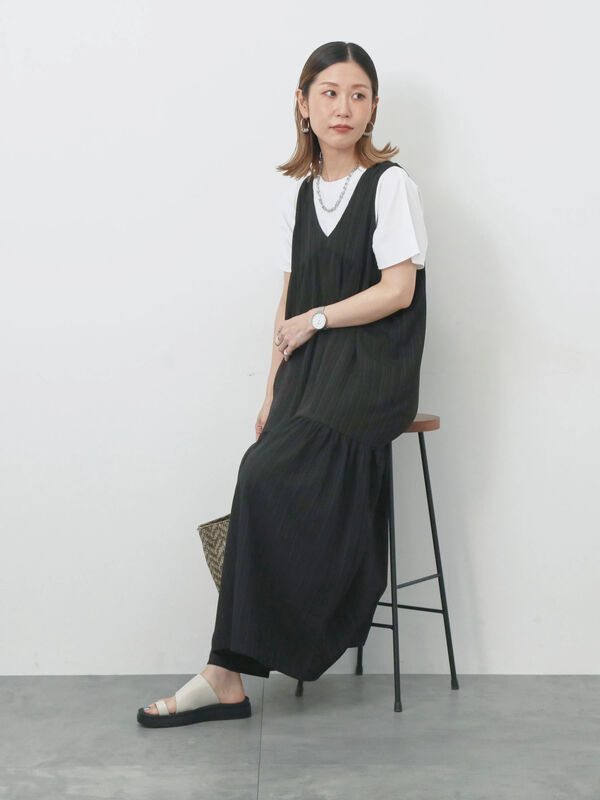 セール】 楊柳ノースリーブワンピース（ブラック/ダークオレンジ