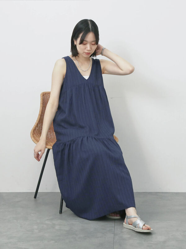 セール】 楊柳ノースリーブワンピース（ブラック/ダークオレンジ