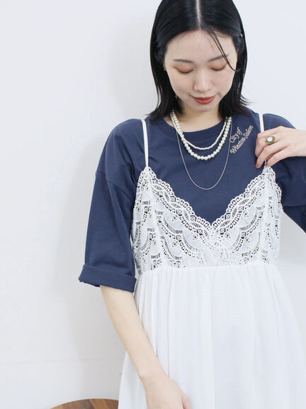 チェーン刺繍7分袖プルオーバー（オフホワイト/チャコールグレー/グリーン/ネイビー/ＴＯＰグレー）｜Samansa Mos2 blue（サマンサモスモス ブルー）通販