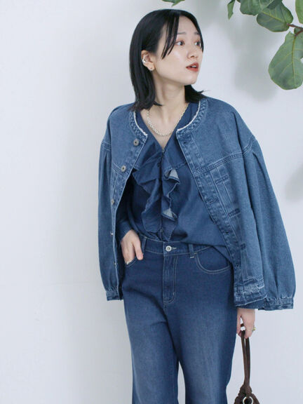 【ECO DENIM 】 ノーカラーブルゾン（チャコールグレー/ブラウン/ブルー）｜Samansa Mos2 blue（サマンサモスモス ブルー）通販