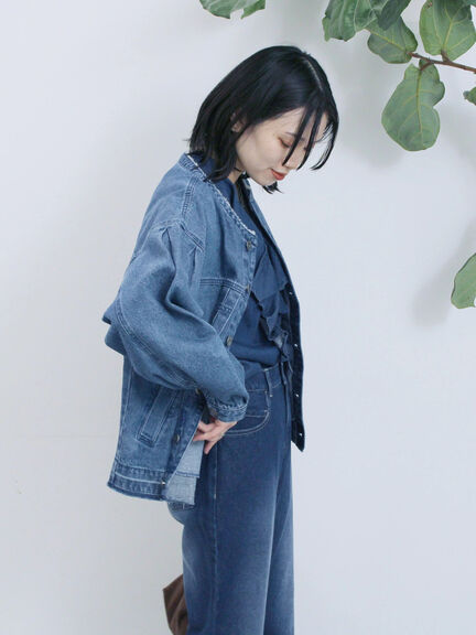 【ECO DENIM 】 ノーカラーブルゾン（チャコールグレー/ブラウン/ブルー）｜Samansa Mos2 blue（サマンサモスモス ブルー）通販
