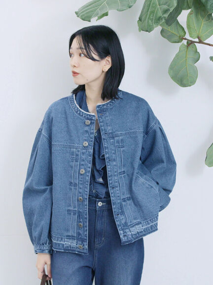 【ECO DENIM 】 ノーカラーブルゾン（チャコールグレー/ブラウン/ブルー）｜Samansa Mos2 blue（サマンサモスモス ブルー）通販