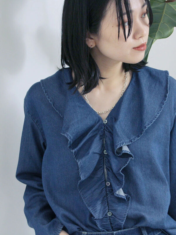 【ECO DENIM 】フリルブラウス（ネイビー）｜Samansa Mos2 blue（サマンサモスモス ブルー）通販