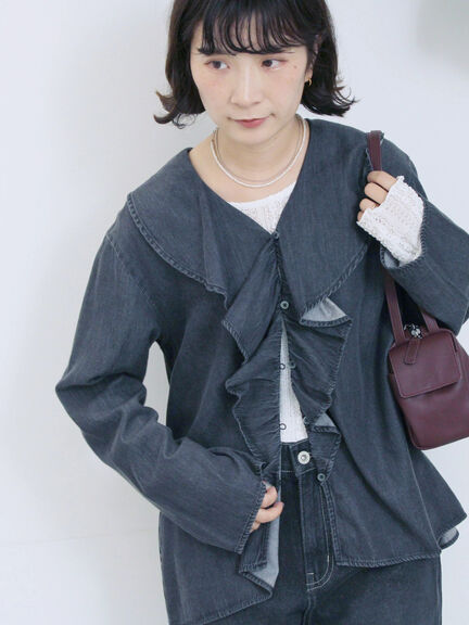 【ECO DENIM 】フリルブラウス（チャコールグレー/ブルー/ネイビー）｜Samansa Mos2 blue（サマンサモスモス ブルー）通販
