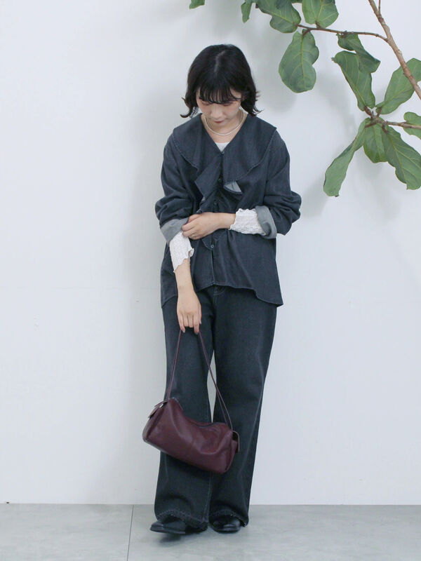 セール】 【ECO DENIM 】フリルブラウス（チャコールグレー/ブルー