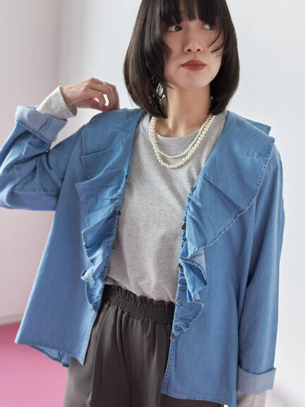 【ECO DENIM 】フリルブラウス（チャコールグレー/ブルー/ネイビー）｜Samansa Mos2 blue（サマンサモスモス ブルー）通販