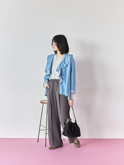 【ECO DENIM 】フリルブラウス（チャコールグレー/ブルー/ネイビー）｜Samansa Mos2 blue（サマンサモスモス ブルー）通販