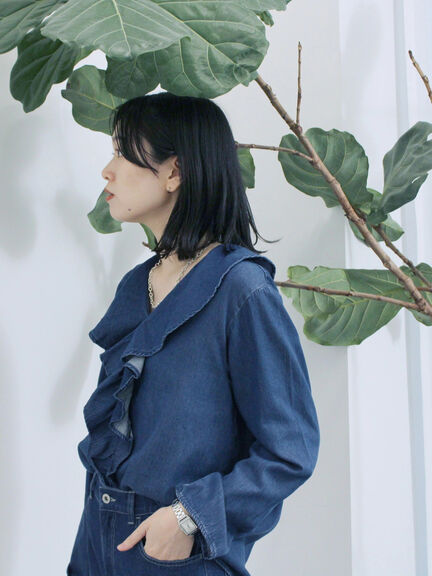 【ECO DENIM 】フリルブラウス（チャコールグレー/ブルー/ネイビー）｜Samansa Mos2 blue（サマンサモスモス ブルー）通販