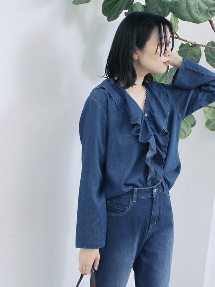 【ECO DENIM 】フリルブラウス（チャコールグレー/ブルー/ネイビー）｜Samansa Mos2 blue（サマンサモスモス ブルー）通販