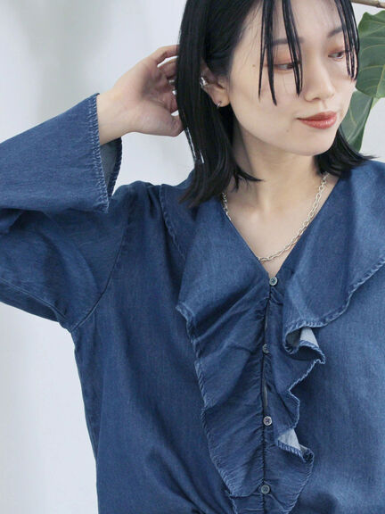 【ECO DENIM 】フリルブラウス（チャコールグレー/ブルー/ネイビー）｜Samansa Mos2 blue（サマンサモスモス ブルー）通販
