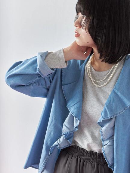 【ECO DENIM 】フリルブラウス（チャコールグレー/ブルー/ネイビー）｜Samansa Mos2 blue（サマンサモスモス ブルー）通販
