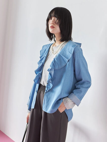 【ECO DENIM 】フリルブラウス（チャコールグレー/ブルー/ネイビー）｜Samansa Mos2 blue（サマンサモスモス ブルー）通販